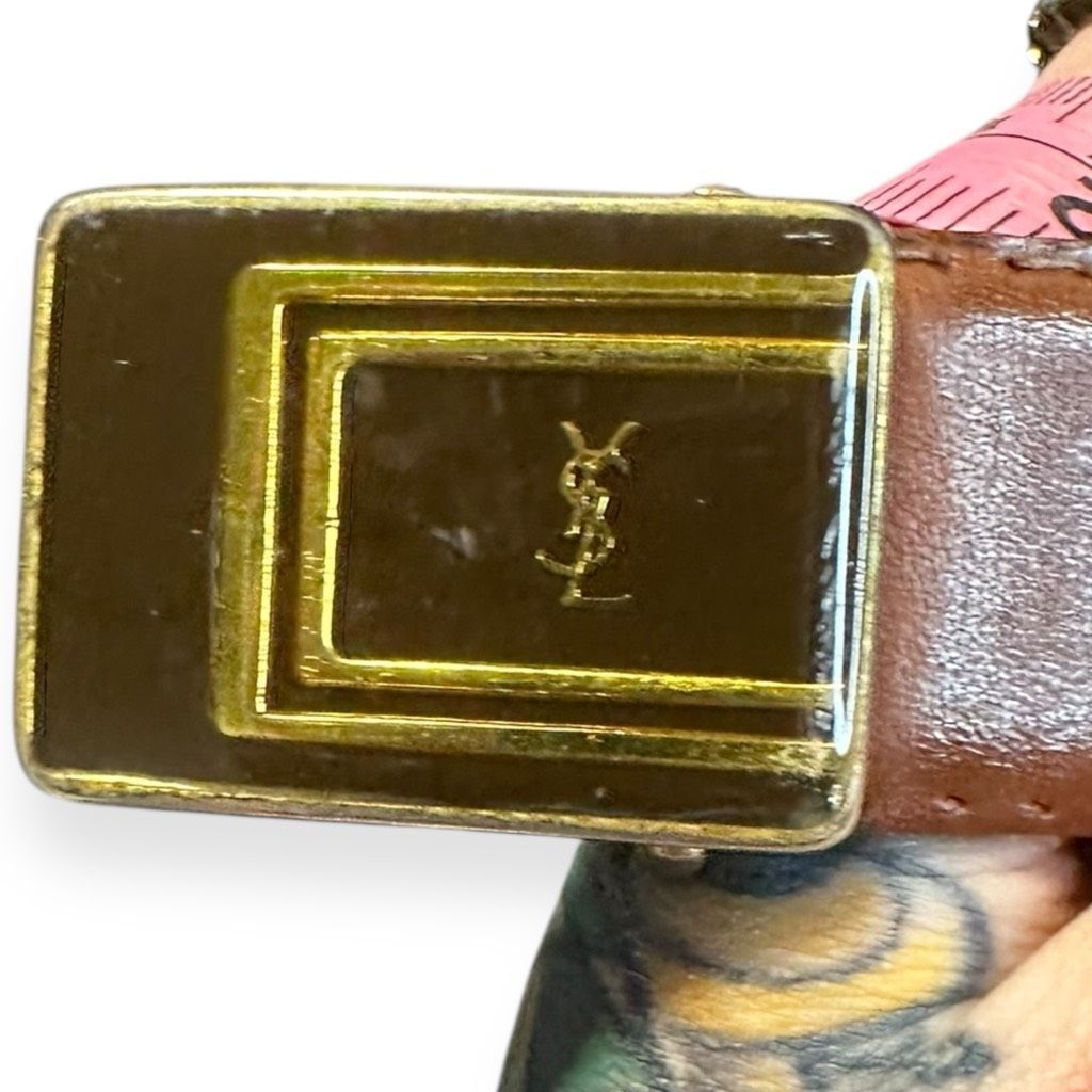 Vintage Yves Saint Laurent Ysl Brown Leather Gold Square Buckle Belt Size 130